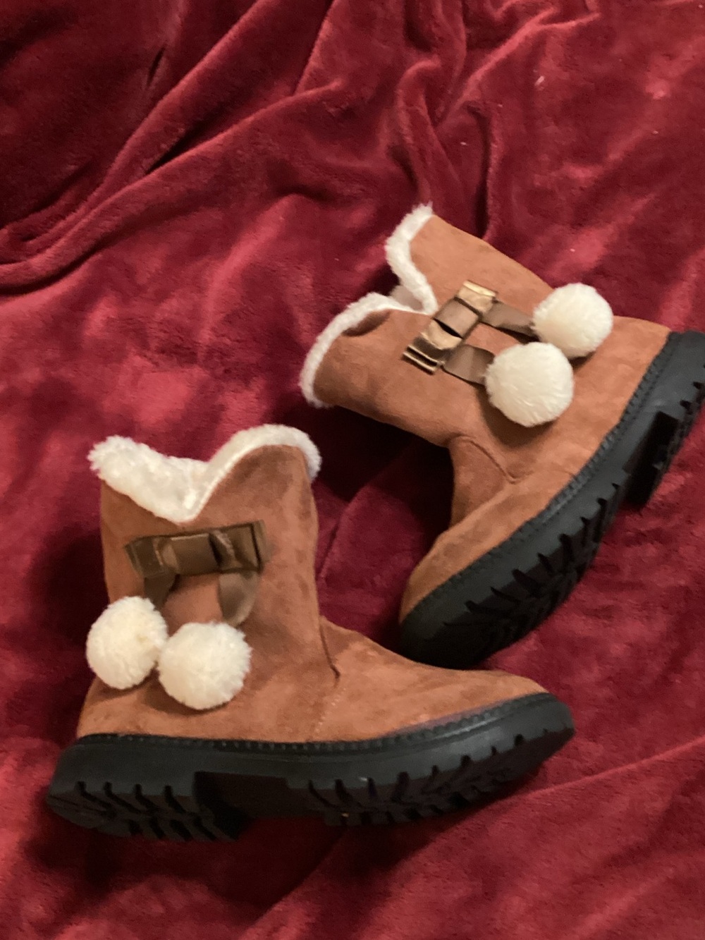 Kids Tan Suede Pom-Pom Winter Boots with Faux Fur Trim